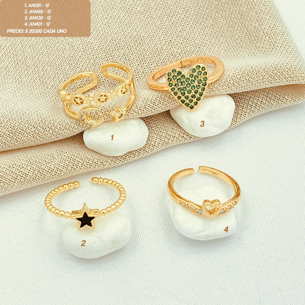 Anillos de corazones y estrellas con zircones