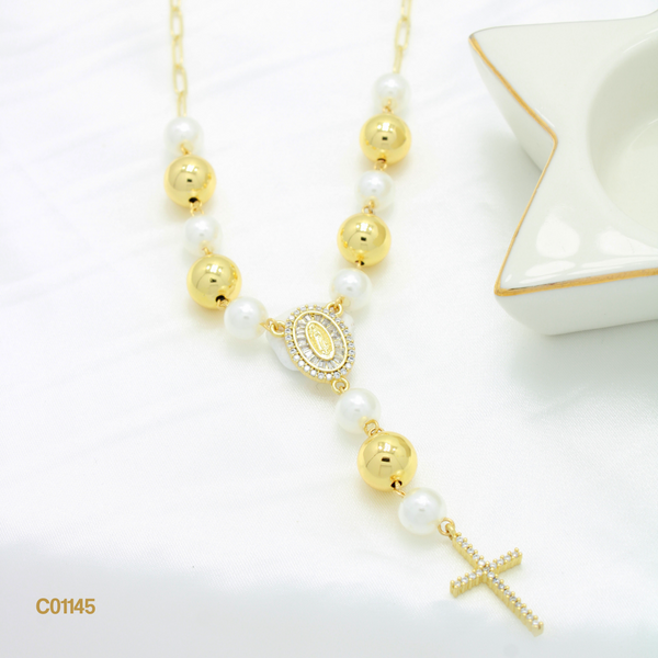 Cadena perlas, balines, virgen y cruz C01145