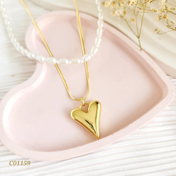 Cadena doble con perlas y corazón C01159