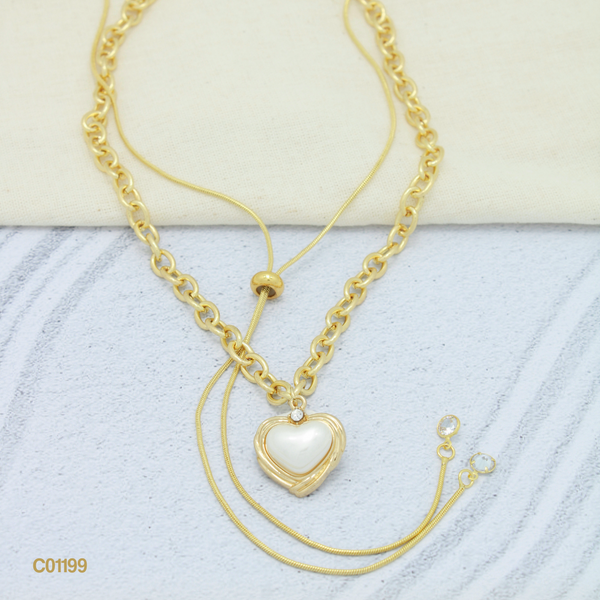 Cadena doble con corazón con perla y corbatín C01199