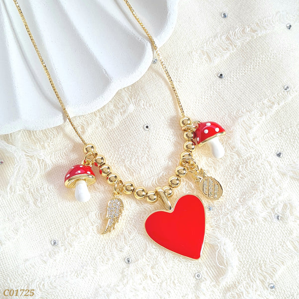 Cadena rodio ajustable dijes hongos/ piña y corazón rojo C01725