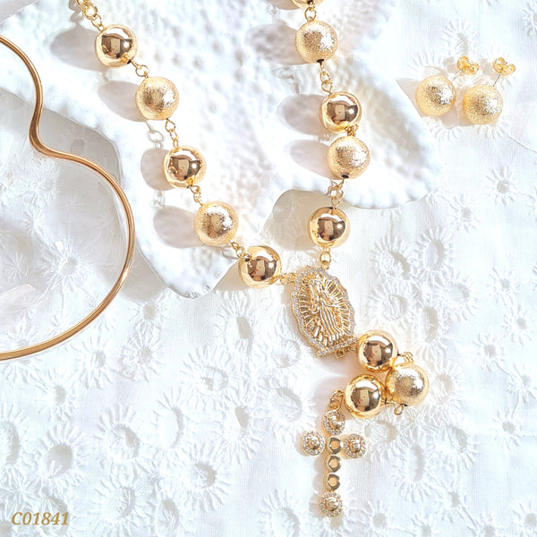 Cadena balines mirellados, cruz y virgen C01841