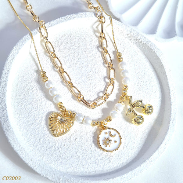 Cadena doble corazón/luna/cereza C02003