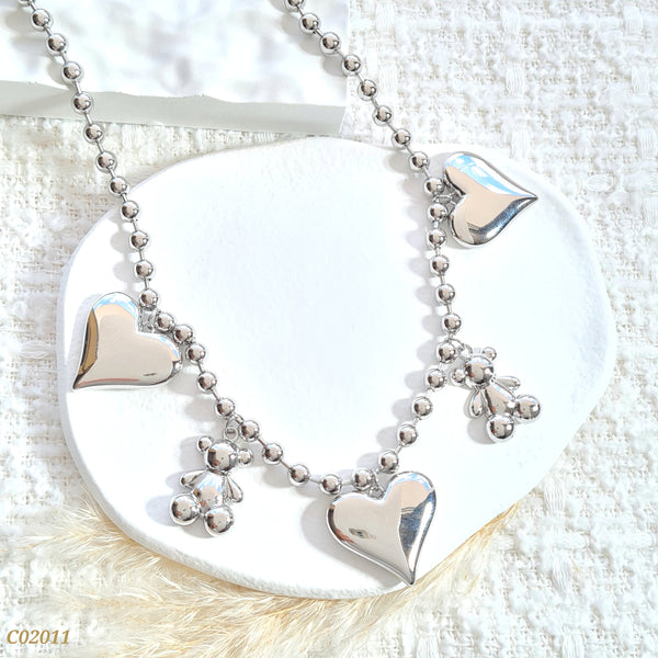 Cadena balines plateada corazones y osos C02011
