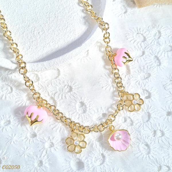 Cadena eslabones dije corazón/flor/concha rosas C02050