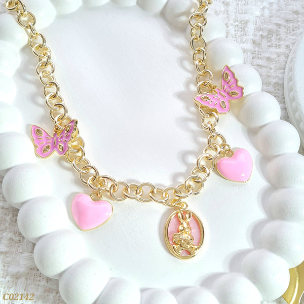 Cadena dijes mariposa, corazón, conejo rosa C02142