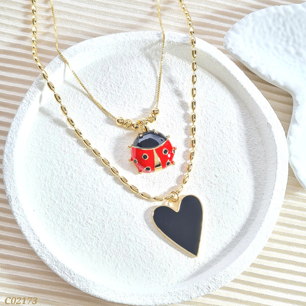 Cadena doble corazón negro y mariquita C02173