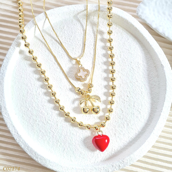 Cadena triple con trébol, cereza y corazón C02174