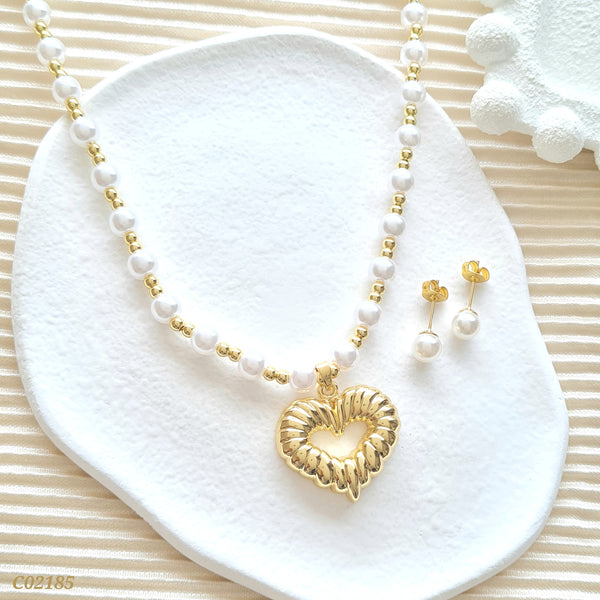 Cadena balines, perlas y corazón C02185