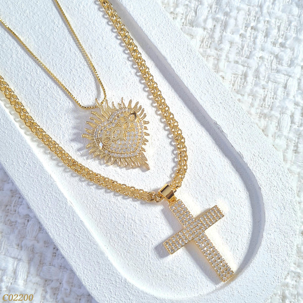 Cadena doble sagrado corazón y cruz C02200
