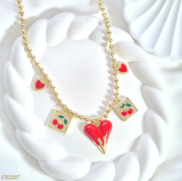 Cadena balines corazones y cerezas C02207