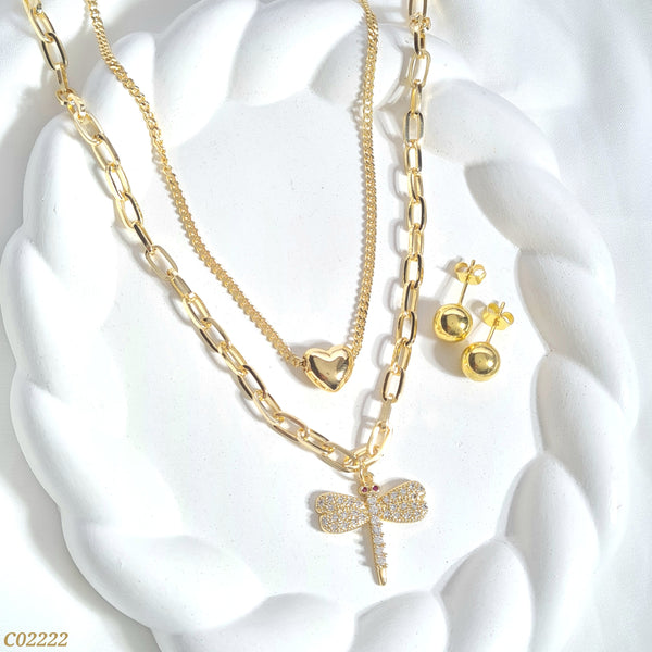 Cadena doble corazón y libélula C02222