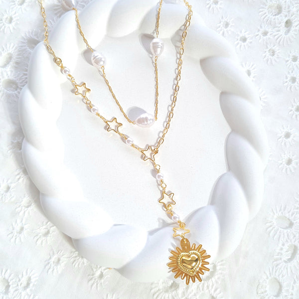 Collar doble con cadena central y corazón C0412