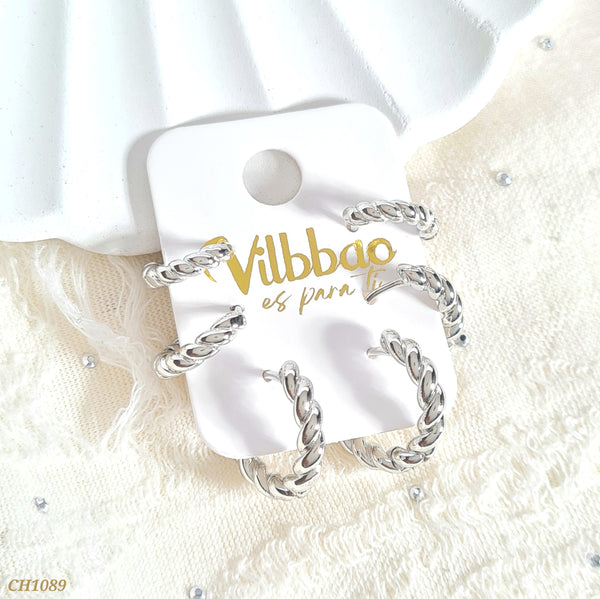 Set candongas plateadas entorchadas CH1089