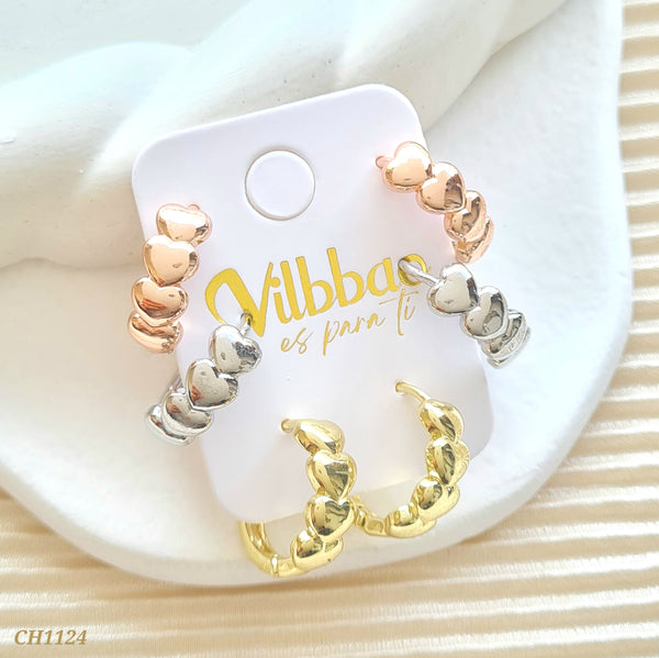 Set candongas corazones tres oros CH1124