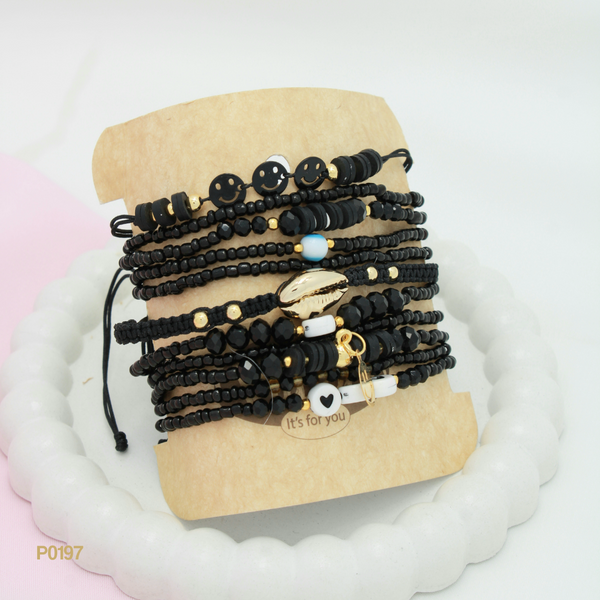 Set de pulseras negra con mostacilla P0197