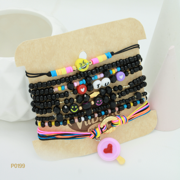 Set de pulseras negra con mostacilla y multicolor P0199