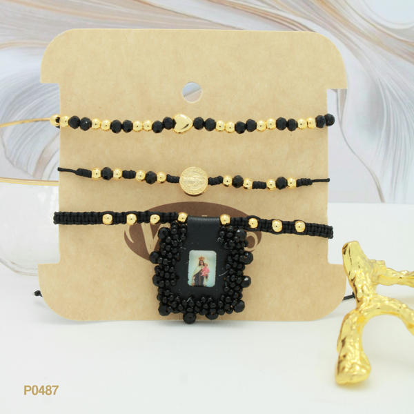 Trio de pulseras negras con virgen P0487