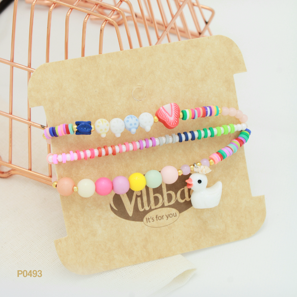 Trio de pulseras con pato y mostacilla multicolor P0493