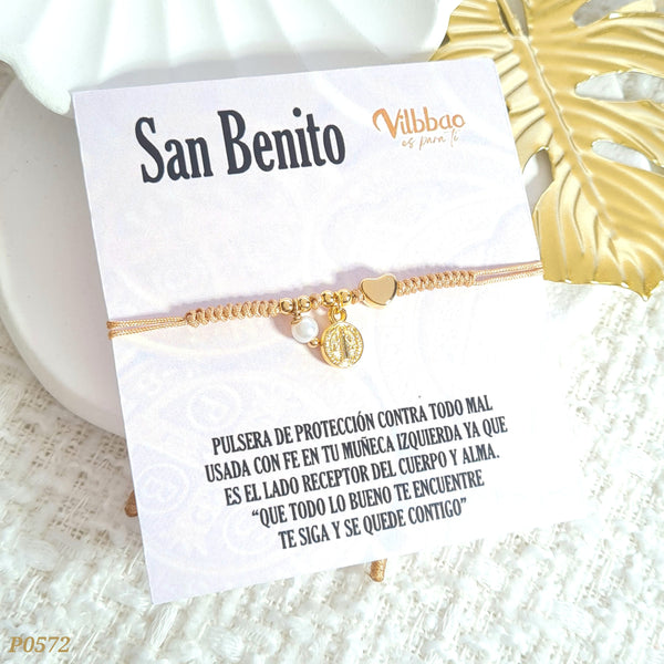 Pulsera tejida san Benito beige P0572