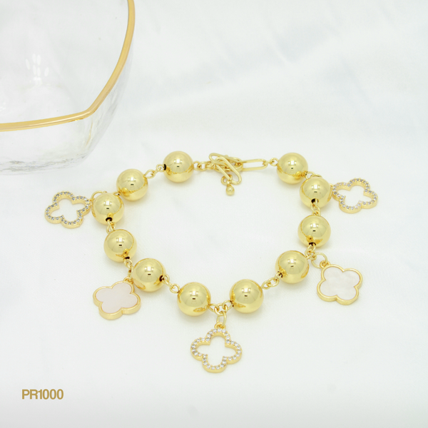 Pulsera balines y trébol blanco PR1000