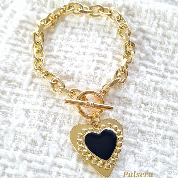 Pulsera en eslabones con corazón negro PR1086