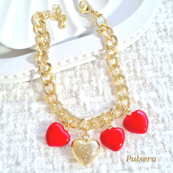 Pulsera eslabones y corazones rojos PR1282