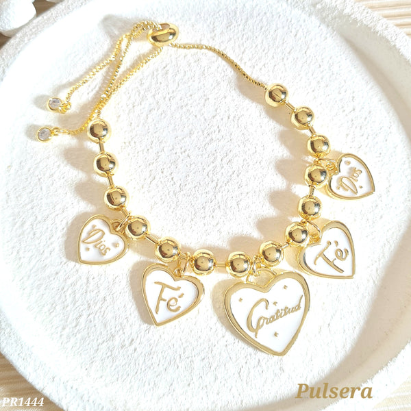 Pulsera balines corazones Dios/Fe/Gratitud PR1444