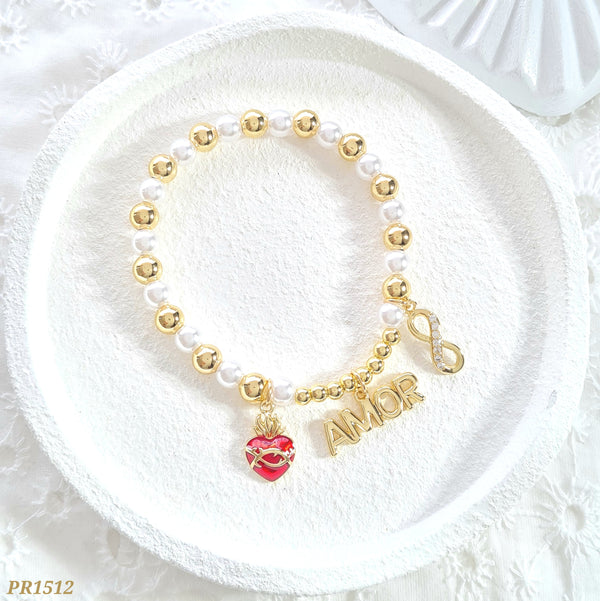 Pulsera perlas, balines sagrado corazón/amor/infinito PR1512