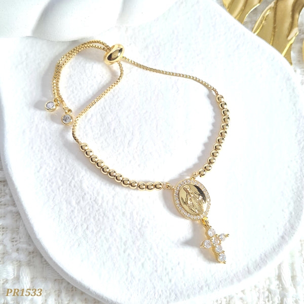 Pulsera virgen y cruz con balines PR1533