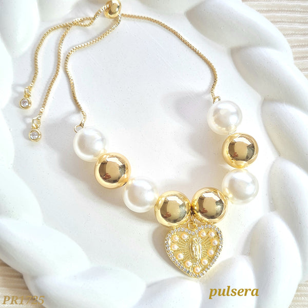 Pulsera perlas, balines y corazón virgen PR1725