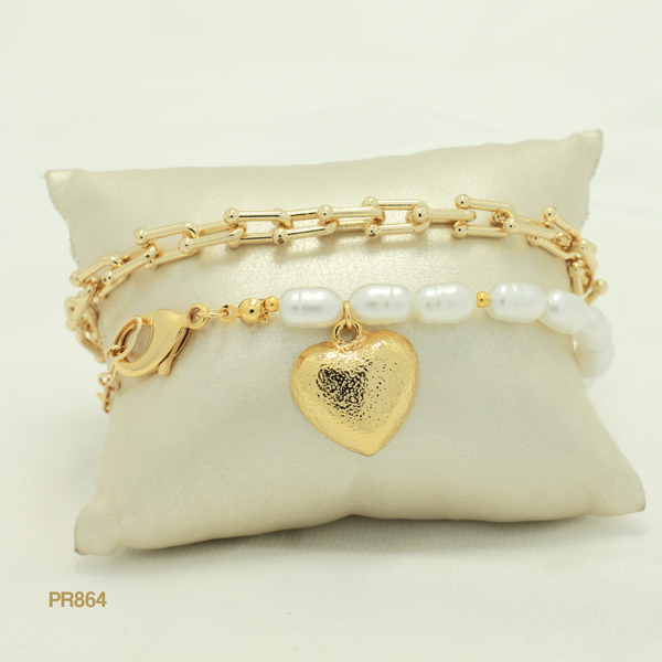 Pulsera doble con perlas y corazón PR864