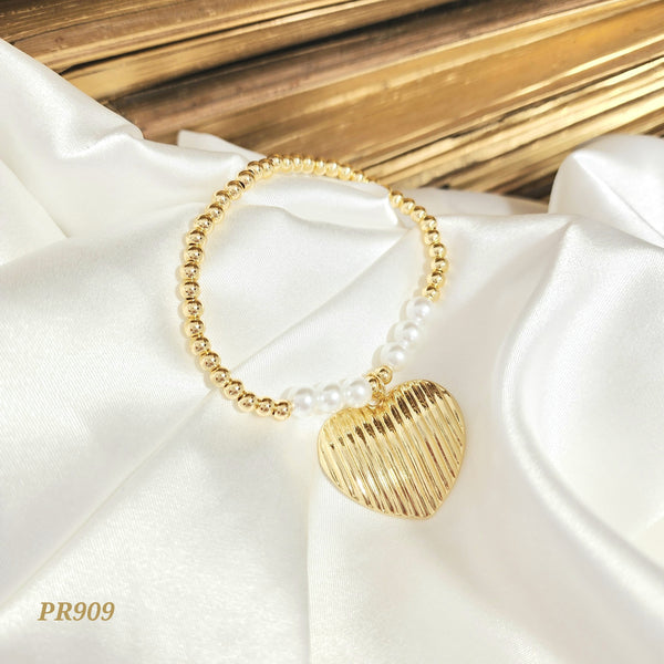 Pulsera balines, perlas y corazón grande PR909