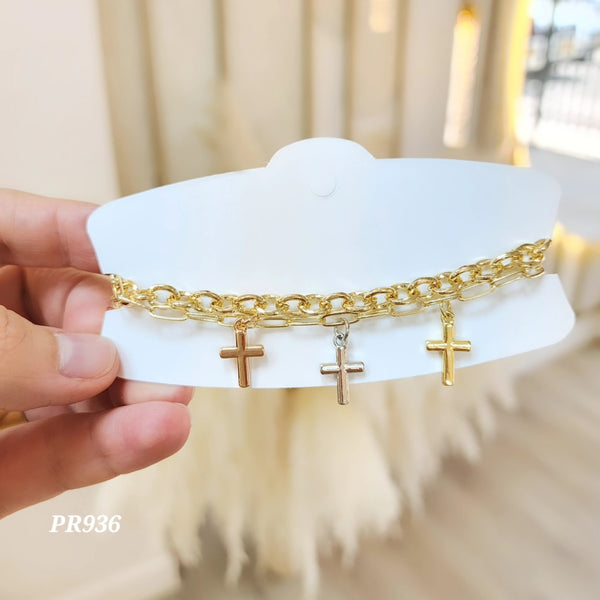 Pulsera doble con cruces tres oros PR936