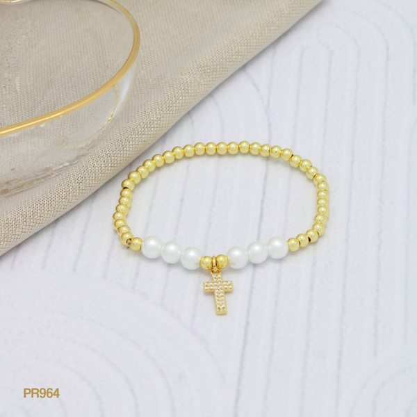 Pulsera balines, perlas y cruz PR964