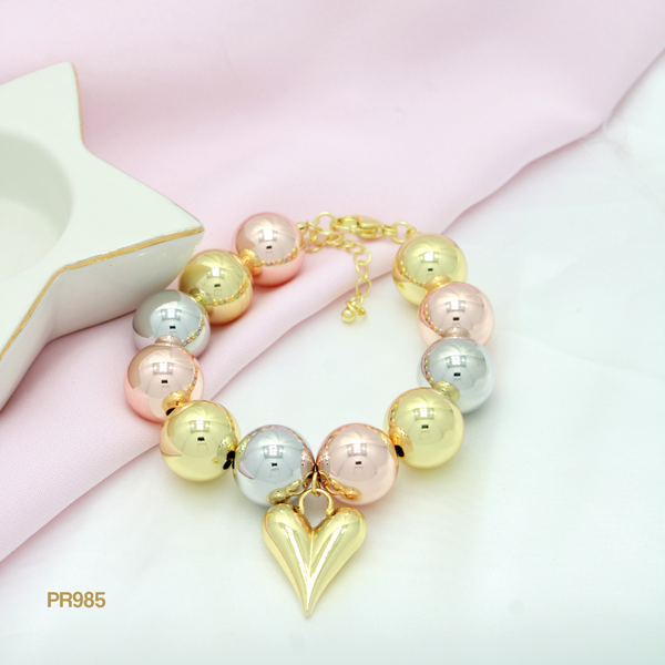 Pulsera balines tres oros y corazón PR985