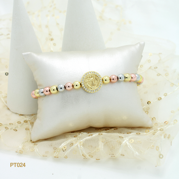 Pulsera San Benito con balines tres oros PT024