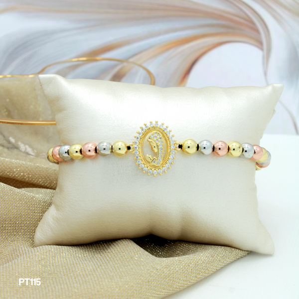 Pulsera con balines tres oros y dije virgen PT115