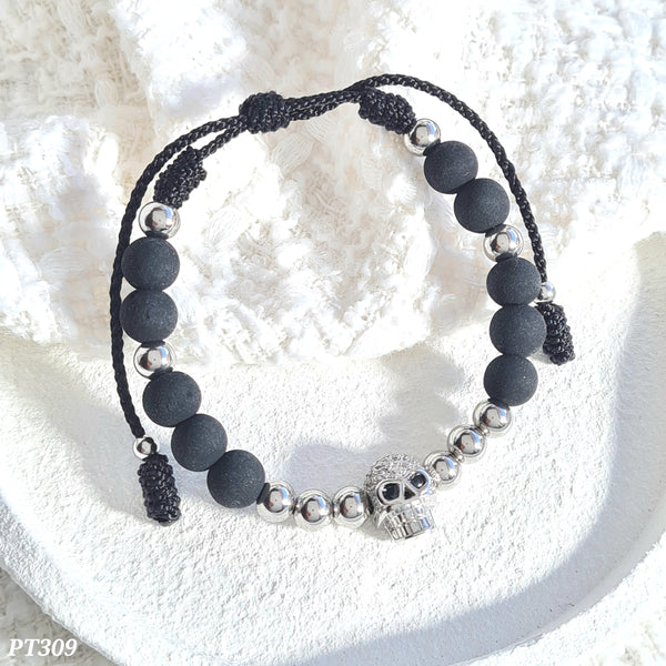 Pulsera neopreno negro calavera plateada PT309