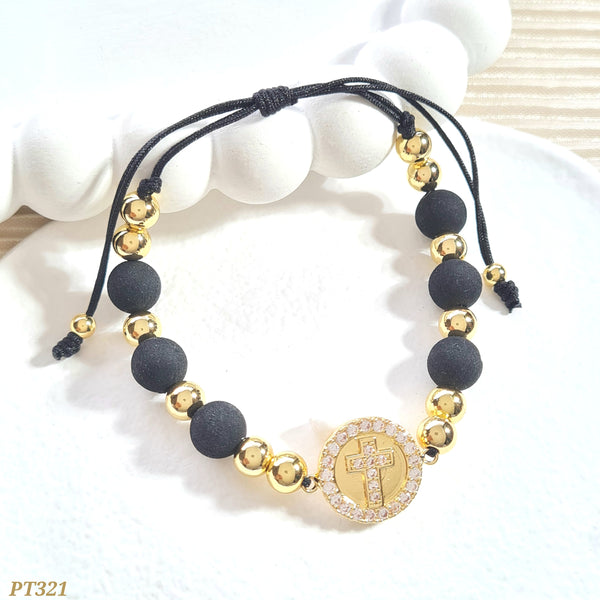 Pulsera neopreno, balines y dije cruz PT321