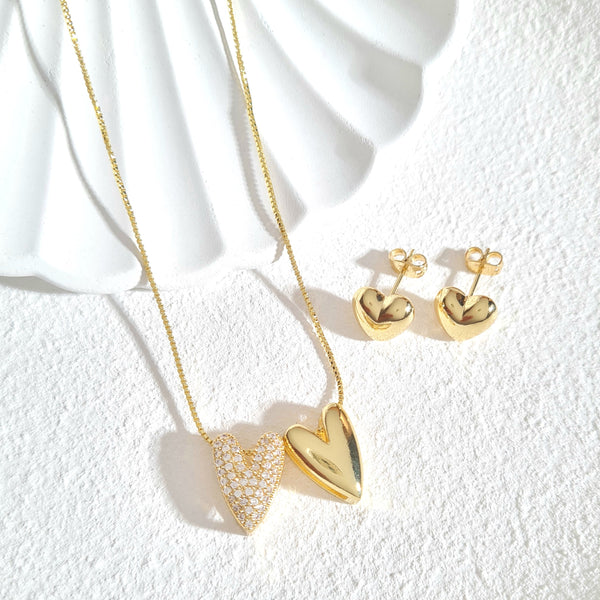 Set rodio cadena dije doble corazón zircones y topos SR2214