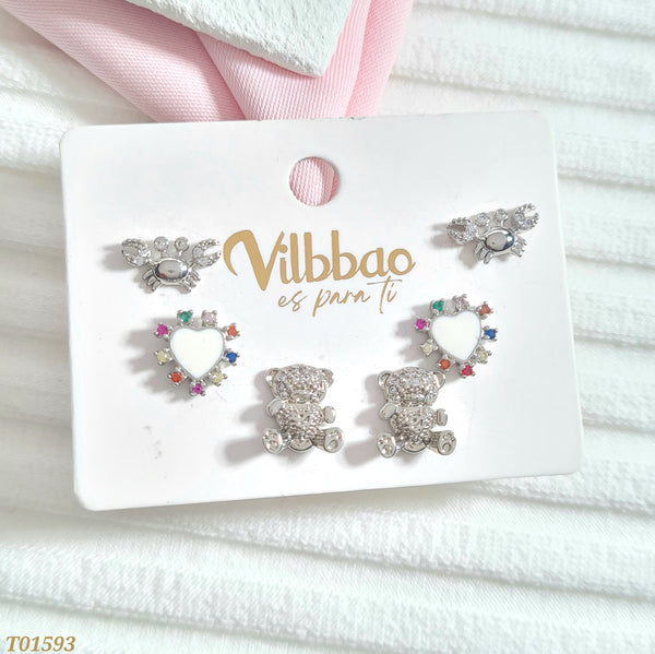 Set topos oso, corazón y cangrejo plateados T01593