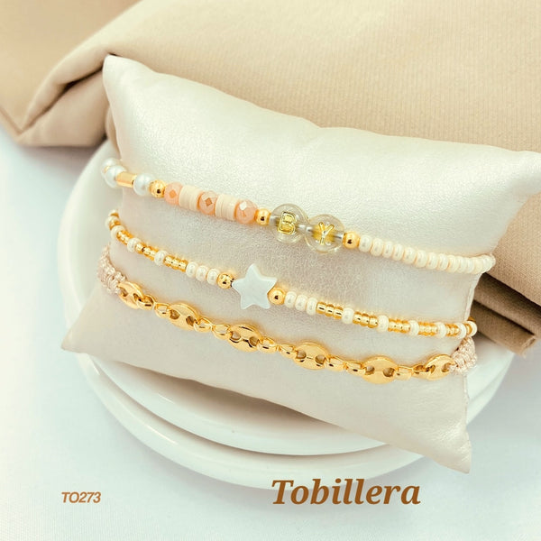 Tobillera beige en hilo con cadena tipo Gucc1 TO273